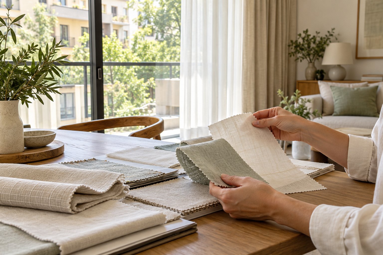 Muestrario de tejidos para elegir cortinas a medida